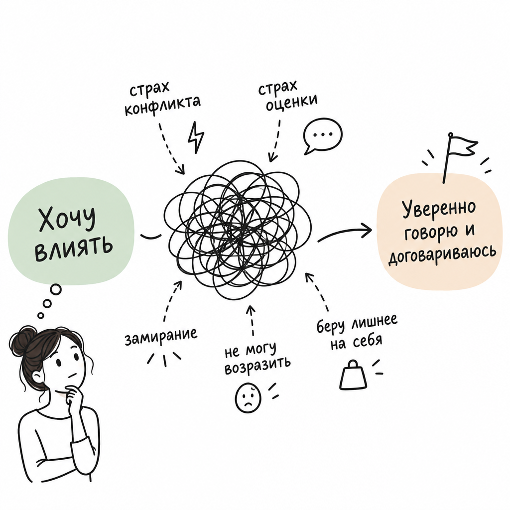 Схема: хочу влиять, но страхи мешают говорить уверенно